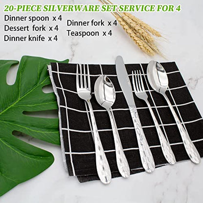 20-Piece Silverware Set, Flatware Cutlery Silverware Set Service for 4, 18/10 Hammered Stainless Steel Utensils Tableware Set Include Knife Spoon Fork, Unique Design, Mirror Polished (Silver) - color: Silver