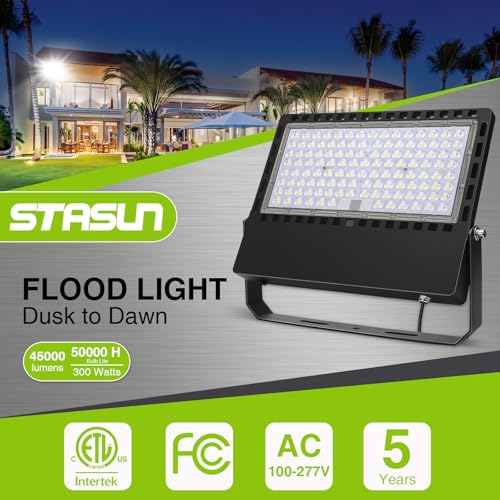 STASUN 300W 45000LM Dusk to Dawn LED Flood Light Outdoor Photocell - Flying Series Ultra, ETL Certified 5000K Daylight White, IP67 Waterproof Stadium Lights for Sports Court, Commercial, Parking Lot - size: 300W-Photocell