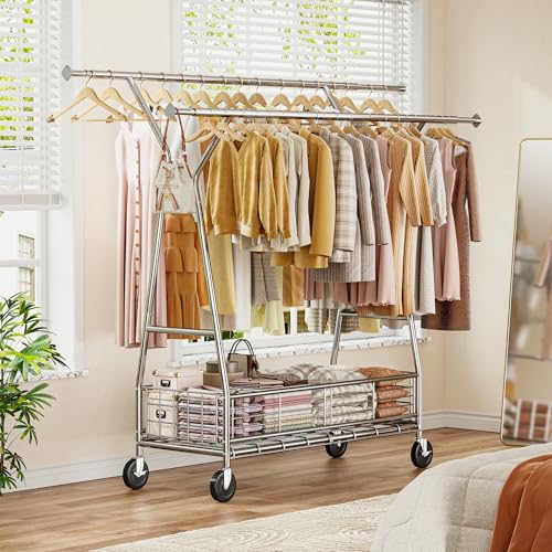 Raybee 630LBS Rolling Clothes Rack, Extendable 42-65" W Clothing Rack - color: Chrome, style: Double Rods