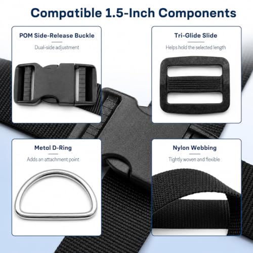 1.5 Inch Straps and Buckles Set, 12 Yards Nylon Webbing Strap, 12 Pack Release Buckles, 24 Tri-Glide Slide Clips, 12 Pack Metal D-Rings MaHeavy Duty Adjustable Quick Snap Fasteners, No Sewing Required - size: 1 1/2" 12 Pcs Buckle Set