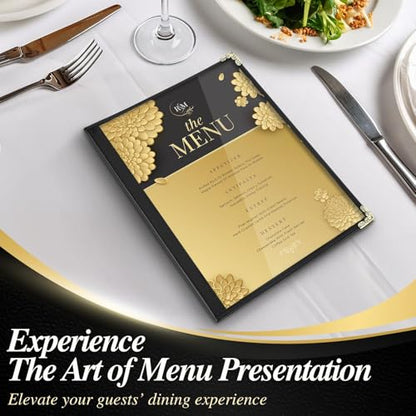 Flexzion Restaurant Menu Covers 8.5 x 11 Inch (12 Pack) - Book Style Bar Menu Holder with 3 Page 6 View - Transparent Clear Menu Book Covers with Gold Metal Corner for Restaurant, Hotel, Cafe - size: 12 Pack