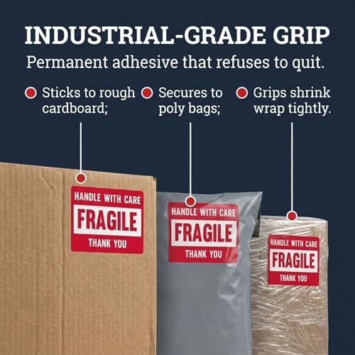 3” X 2” Fragile Handle with Care Warning Stickers, Fragile Tape for Packing and Shipping, Permanent Adhesive Labels 500 Per Roll (1 Pack)