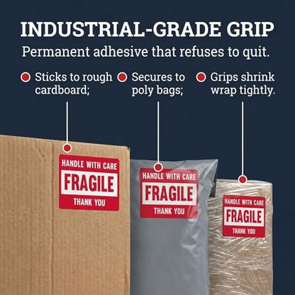 3” X 2” Fragile Handle with Care Warning Stickers, Fragile Tape for Packing and Shipping, Permanent Adhesive Labels 500 Per Roll (1 Pack)
