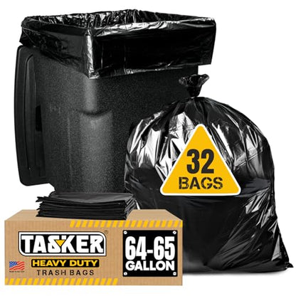 Tasker 65 Gallon Trash Bags for Toter, (Value-Pack 32 Count w/Ties) Heavy Duty Extra Large Garbage Bags for 64-65 Gallon Outdoor Trash Cans, Yard Waste and Lawn Debris - size: 32 Count (Pack of 1)