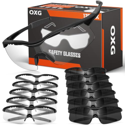 OXG 12 Pack Safety Glasses, ANSI Z87.1 Protective Eyewear for Men Women - color: Clear and Grey