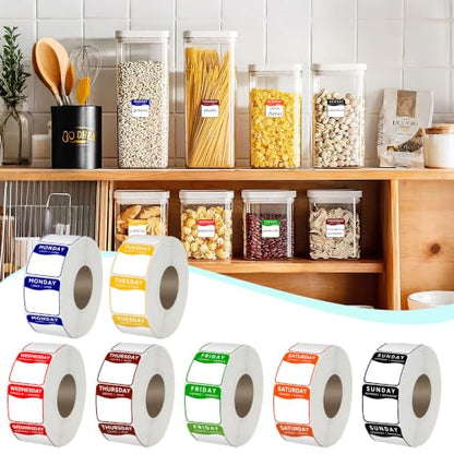 Date Stickers for Food, 7000 Pcs 1" Removable Day of the Week Food Labels in English/Español/Français with Dispenser, Monday-Sunday Date Stickers for Restaurant Kitchen Containers - color: Dispenser Set Square