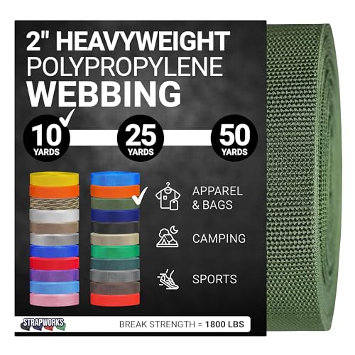 Strapworks Heavyweight Polypropylene Webbing - Heavy Duty Poly Strapping for Outdoor DIY Gear Repair, 2 Inch x 10 Yards - Olive Drab - color: Olive Drab, size: 2" x 10 yard