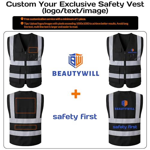 BeautyWill Custom LOGO Safety Vests Reflective Vest Class 2 ANSI with Pockets Zipper High Visibility Construction Uniform - color: A-black-1pack-logo, size: Small