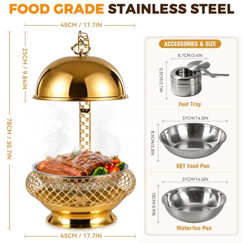 8QT Gold Chafing Dish Buffet Set with Hanging Lid, Luxury Stainless Steel Food Warmer, Elegant Hollow-Out Design Catering Server for Weddings, Parties, Hotel, Banquets, Christmas & Home Entertaining - color: Gold02