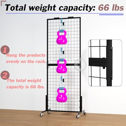 Grid Wall Panels Display Rack with Wheels & 15 Hooks for Retail Craft Show - size: 1pcs
