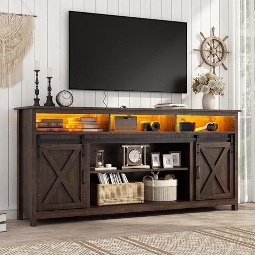 Vinctik 6&Fox 70in Wooden Farmhouse Entertainment Center for 80/75 inch TV,Double Layer Storage Farmhouse TV Stand,Double-Row Sockets with Wood Sliding Barn Door TV Stand(Double Layer Rustic Brown) - color: Rustic Brown, size: 70in