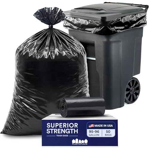 Plasticplace 95-96 Gallon Heavy Duty Trash Bags, Garbage Bags, Puncture-Resistant, Fits Rollaway Cans & Drums, Durable Large Plastic Bags (50 Count) - color: Black, size: 50 Count