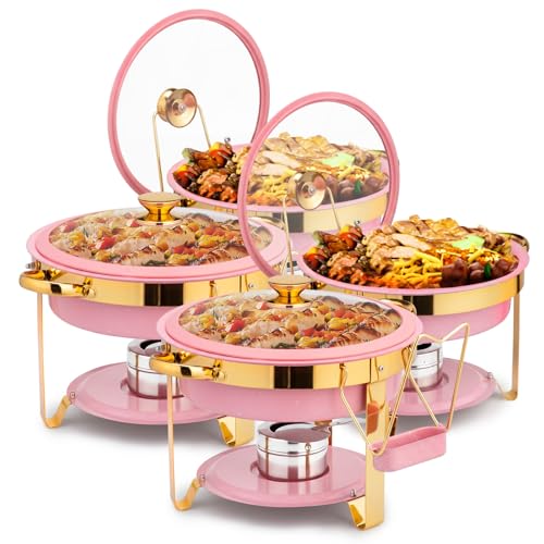 ROVSUN 6QT Chafing Dishes for Buffet 4 Pack, [Game Changer Maifanite-Coated] Chafing Dish Buffet Set, [Unique Pink & Gold Color] Chafers and Buffet Warmers Sets with Lid Holder for Party Wedding - color: Pink-gold