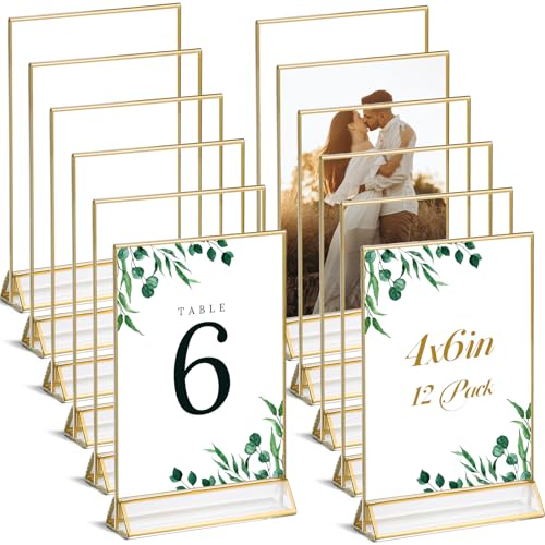 UNIQOOO Acrylic Sign Holders with Golden Border, Portrait View, Pack of 12 | 4x6 Inches Double Sided Clear Frame, Perfect for Wedding reception, Centerpiece, Decoration, Party,Anniversary, Event - size: 4x6",12Pack