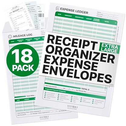 Extra Large Receipt Envelope & Receipts Organizer (Pack of 18) - Efficiently Manage Business Expenses & Log Mileage Trips - 8.5” x 11.0” Inches, Green Color- Business Ledger for Small Business - color: Green