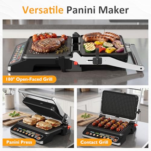 1600W Electric Indoor Grill Panini Press with 8 Preset Menu - size: Large