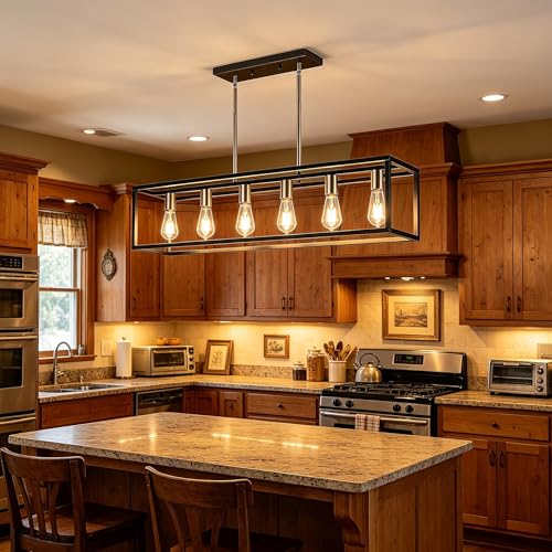 Rectangle Chandeliers Kitchen Light Fixtures Farmhouse Dining Room Light for Dining Rooms,Black&Brushed Brass Light Fixture Matte 6-Light Industrial Pendant Lighting - color: Black & Brushed Nickel, size: 6 Lights