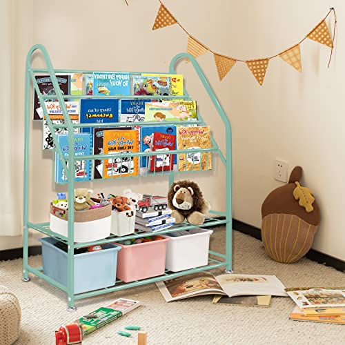 aboxoo Metal Kids Bookshelf Green Freestanding for Children Room 32 in Toy Organizer Book Unit Storage Large Green Stable Bookcase Bookstore Living Room Bed Room Library - color: Green, size: Large