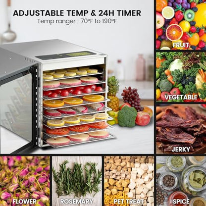 Cercker Food-Dehydrator Machine 8 Stainless Steel Trays, 500W Jerky Dehydrator for Meat, 190ºF Mushroom Dryer, 24H Timer Fruits Dryer for Herbs, Veggies, Yogurt & Dog Treats - size: 8 trays