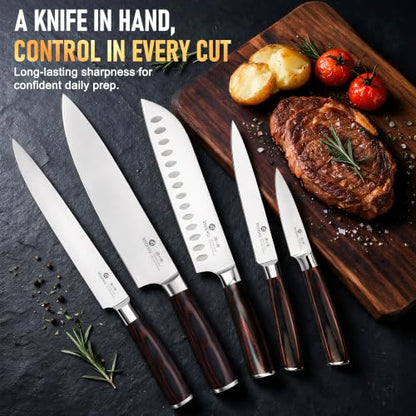 imarku 5PCS Kitchen Knife Set - Japanese High Carbon Stainless Steel Knives - color: Silver Blade with Brown Handle