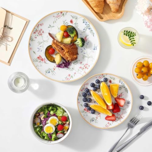 Bone China Dinnerware Set for 4, 12 Pcs Floral Plates and Bowls, Gold Rim - color: pestel blossoms