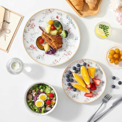 Bone China Dinnerware Set for 4, 12 Pcs Floral Plates and Bowls, Gold Rim - color: pestel blossoms