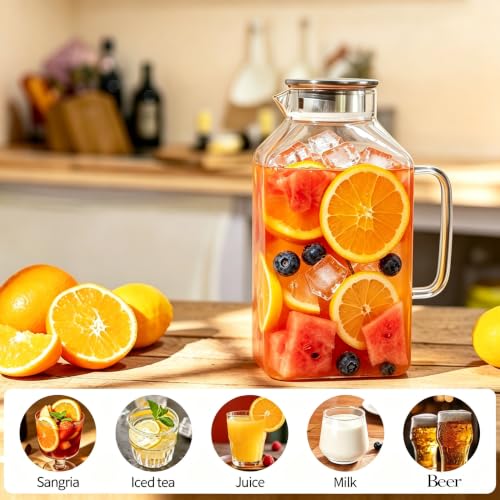 1 Gallon Square Glass Pitcher with Lid and Handle,Water Jug for Fridge