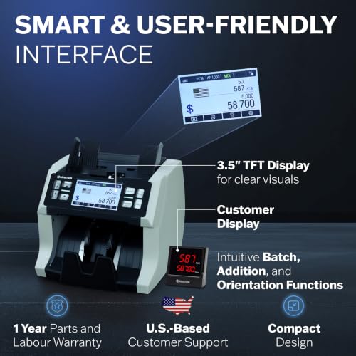 CARNATION Money Counter Machine – Cash Counting & Mixed Denomination Bill Counter, Portable Currency Scanner, Counterfeit Scanner, Dollar Sorter for Commercial, up to 1500 N/M, UV/MG/MT/IR/CIS - size: CN6