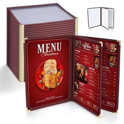 WeChef 30 Pack Restaurant Menu Covers 8.5 x 11" Book Style 3 Pages 6 Views - size: 8.5" x 11" - Book - 6 Views
