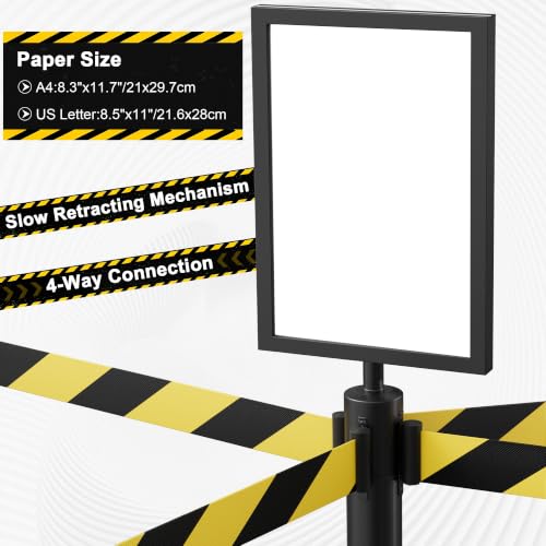 12-Pack Black Stainless Steel Crowd Control Stanchions, 9.8 ft Retractable Black and Yellow Stripe Safety Belts with 3 Sign Holder(Black and Yellow Stripe Belt)