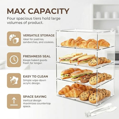 4-Tier Commercial Bakery Display Case, 19.68"x 19.29"x 10.23" Pastry Display Case Countertop Display Cabinet Box for Bread Dessert Food Cookie Baking