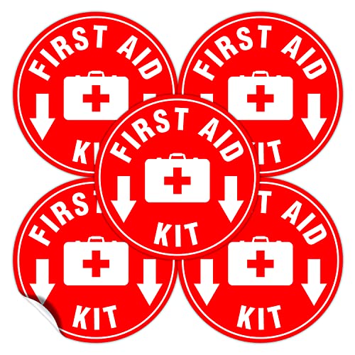 (Set of 5) First Aid Kit Sign Red | 4.5" Circle | 4 Mil Vinyl - LAMINATED For Ultimate Protection & Durability - Self Adhesive Decal - UV Protected & Weatherproof - Heavy Duty