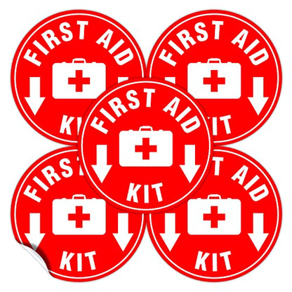 (Set of 5) First Aid Kit Sign Red | 4.5" Circle | 4 Mil Vinyl - LAMINATED For Ultimate Protection & Durability - Self Adhesive Decal - UV Protected & Weatherproof - Heavy Duty