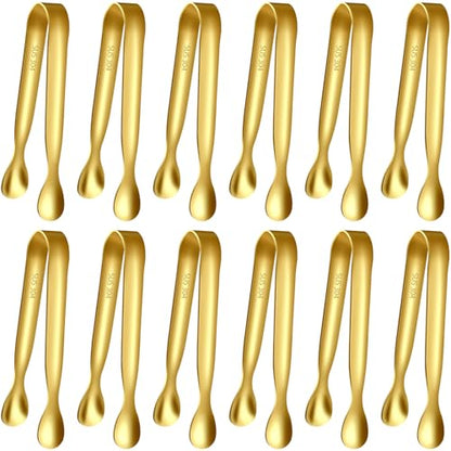 HOTEC 12Pcs Mini Gold Tongs for Serving, 4.3" Small tongs Stainless Steel Sugar Tongs for Coffee Bar, Tea Party, Appetizers, Desserts, Buffet and Ice Bucket Food-Grade & Dishwasher Safe - color: Gold