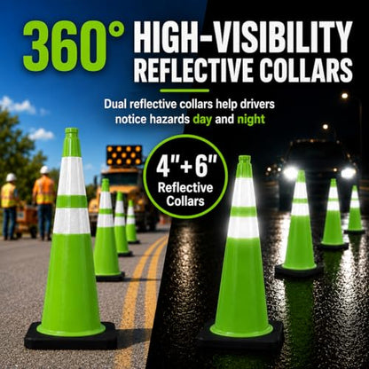 BESEA 6 Pack 36 Inch Green Traffic Cones with Wide Weighted Base - size: 36 inch