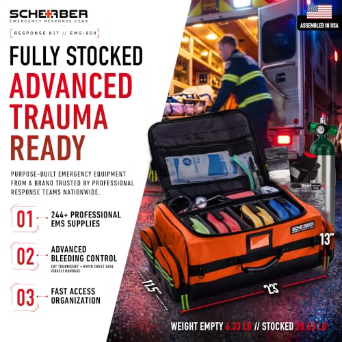 Scherber Fully-Stocked Premium First Responder Bag | HSA/FSA Approved | Large Pro EMT/EMS Trauma, Bleeding & Oxygen Medical Kit | CAT Tourniquet, HyFin Chest Seal & 260+ First Aid Supplies (Orange) - color: Orange