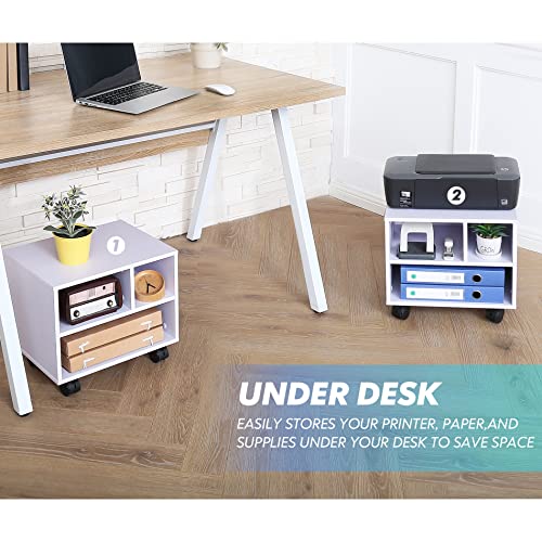 FITUEYES Printer Stand Under Desk, Small Wood Mobile Printer Table, White - color: White