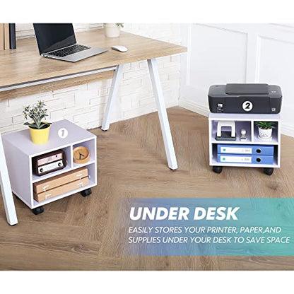 FITUEYES Printer Stand Under Desk, Small Wood Mobile Printer Table, White - color: White