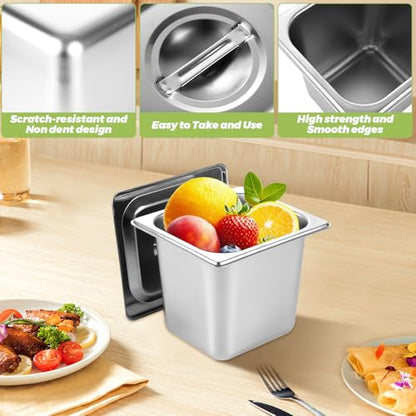 6 Set Stainless Steel Hotel Pans 1/6 Size 6 Inch Deep with Lids Steam Table Pans with Lids 1/6 Size 6 Inch Deep Stainless Steel Restaurant Pan Metal Food Pan with Lid for Hotel, Buffet, Home - size: 1/6 Size 6 Inch Deep