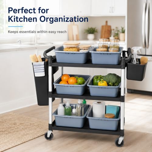 Storage Cart 3 Tier Heavy Duty Commercial Grade Utility Cart,Dish Cart for Restaurant,Multi-Function Mobile Shelving Unit Organizer for Hotel,Restaurant,Kitchen,Laundry Room with 6 Basin 2 Barrels - size: 40X20X38IN