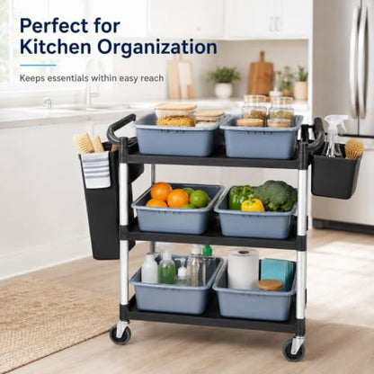 Storage Cart 3 Tier Heavy Duty Commercial Grade Utility Cart,Dish Cart for Restaurant,Multi-Function Mobile Shelving Unit Organizer for Hotel,Restaurant,Kitchen,Laundry Room with 6 Basin 2 Barrels - size: 40X20X38IN