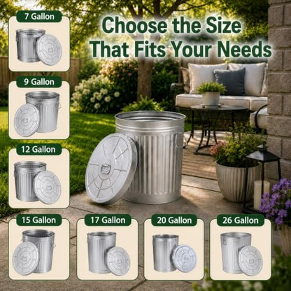 Gardenised Round Galvanized Steel, 12 Gallon Trash Can with Lid - Durable Metal Bucket for Backyard, Lawn, Garden and Yard Use - Weather-Resistant Garbage Can for Indoor and Outdoor, 16-inch - size: 12 Gallons