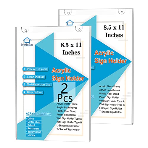 PecMuikee Acrylic Sign Holder 8.5x11 Vertical, Wall Mount Acrylic Sign Holder and Plastic Paper Display Ad Frame bonus with 3M Tape and Mounting Screws for Restaurants, Office, Market, Library, Store, 2 Pcs