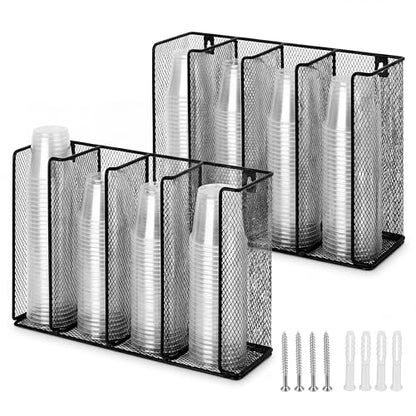 Thenshop 2 Pack Wall Mount Sauce Cup and Lid Holder - 4 Compartment Black Iron Dispenser Fits 2 to 5.5 oz Cups, Space Saving Organizer for Coffee Bar, Restaurant & Kitchen Counter, 13 x 10 x 3.26