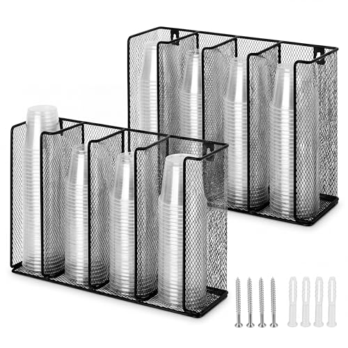 Thenshop 2 Pack Wall Mount Sauce Cup and Lid Holder - 4 Compartment Black Iron Dispenser Fits 2 to 5.5 oz Cups, Space Saving Organizer for Coffee Bar, Restaurant & Kitchen Counter, 13 x 10 x 3.26