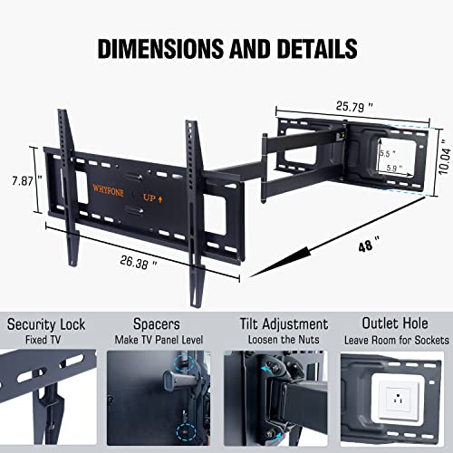 48" Long Arm Full Motion TV Wall Mount w/Power Outlet 37-85” TV WHYFONE - size: Fit 37-85"TVs with power strip