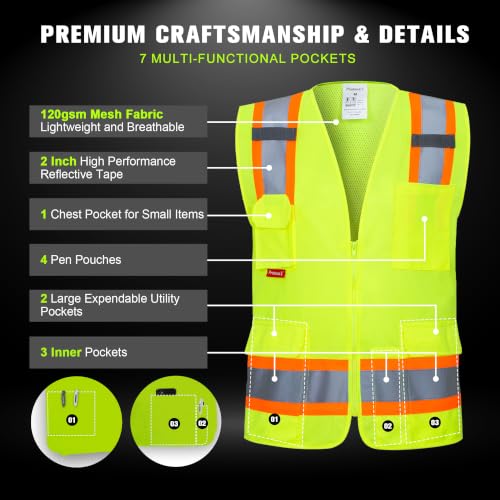 ProtectX High Visibility ANSI Class 2 Safety Vest with 7 Pockets - color: Green, size: Small