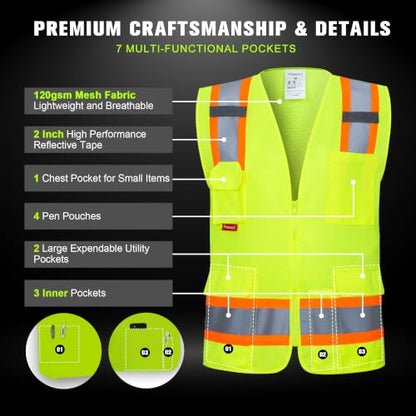ProtectX High Visibility ANSI Class 2 Safety Vest with 7 Pockets - color: Green, size: 3X-Large
