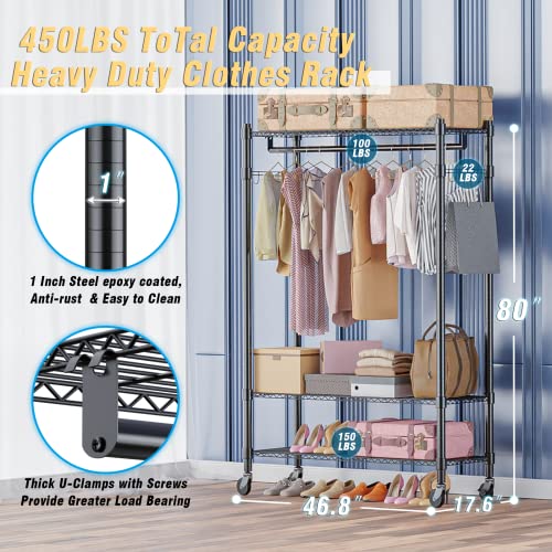 Homdox Double Rod Closet 3 Shelves Wire Shelving Clothing Rolling Rack Heavy Duty Garment Rack with Wheels and Side Hooks - color: Black, size: 17.72"D x 47.24"W x 80.71"H