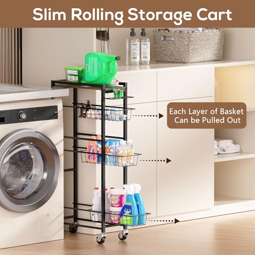 4 Tier Slim Rolling Storage Cart with Pull-Out Baskets, Narrow Sliding Storage Slim Laundry Rolling Cart Between Washer and Dryer - color: Black